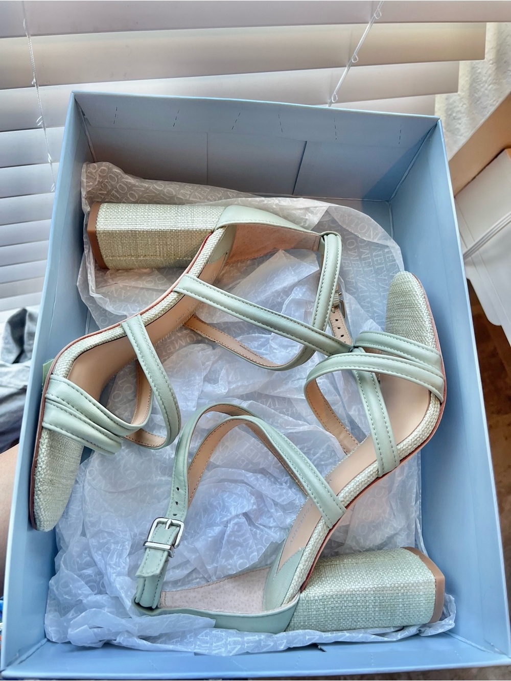 ANTONIO MELANI Mint Green Strappy Block Heel Sandals